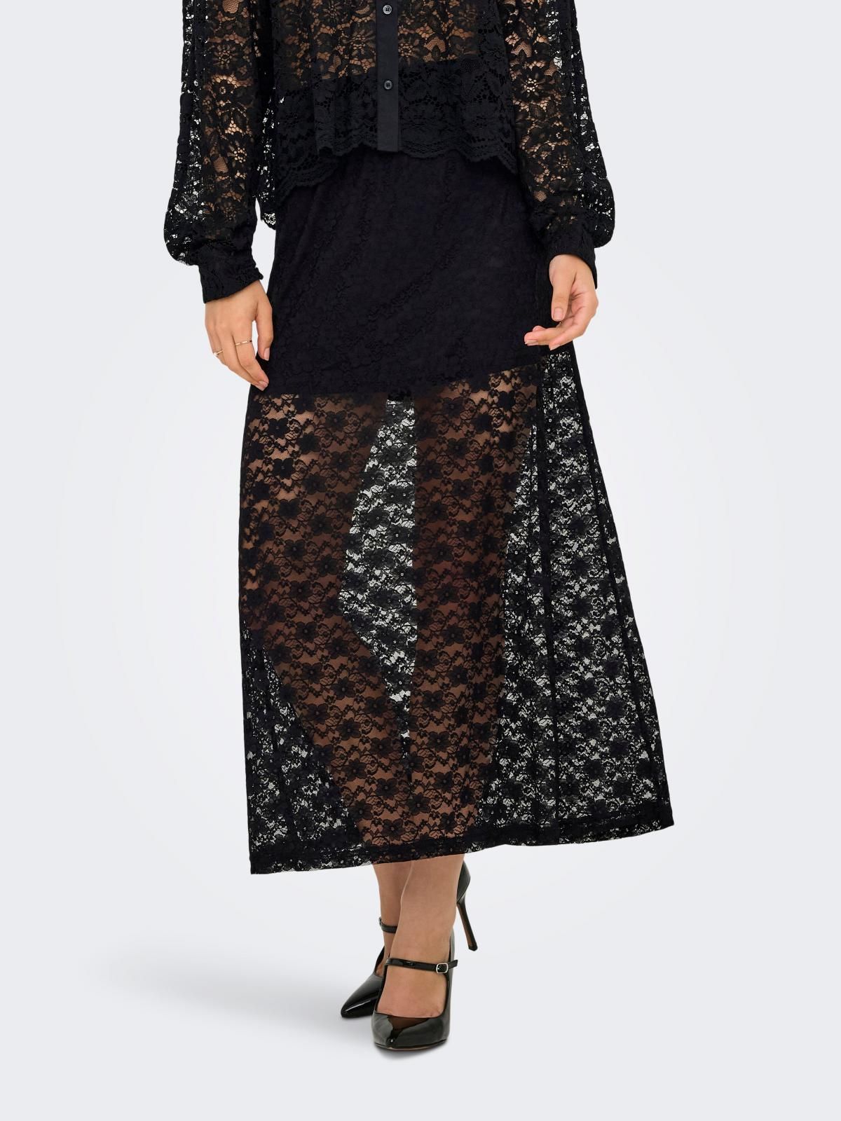 온리 레이스 미디 밴딩 스커트 15357638_2161 BLACK / BLACK - 상품 이미지