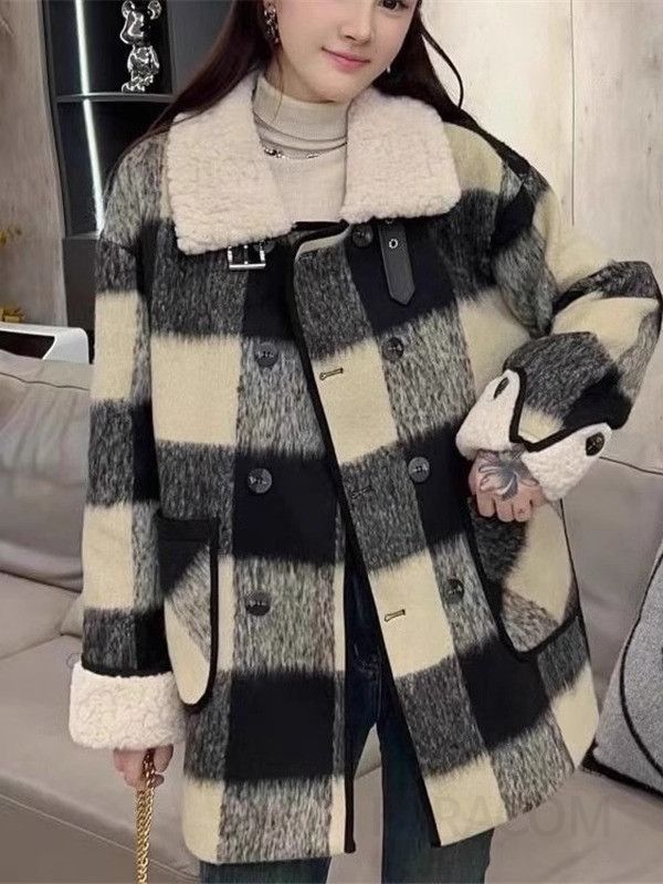 여성 루즈핏 캐주얼 체크무늬 도톰한 패딩 누빔 자켓 아우터 양털 카라 코트 겨울 - 상세 이미지 2