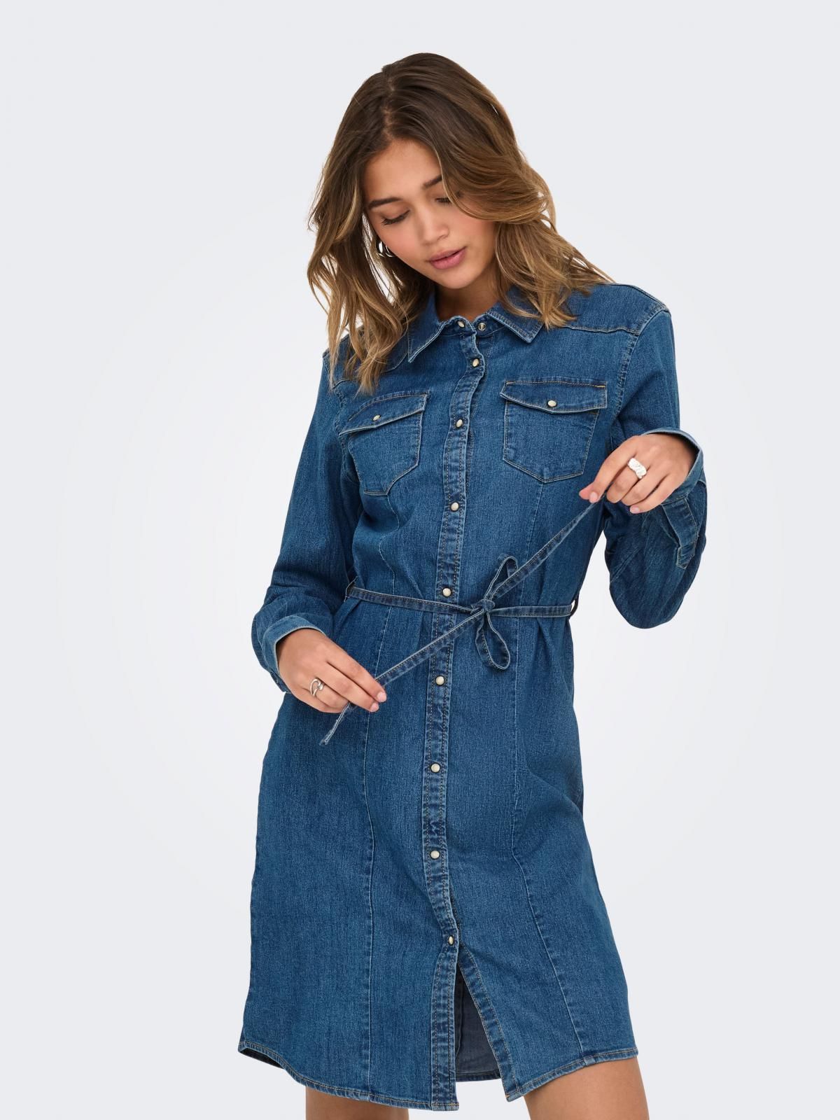 온리 데님 셔츠카라 슬림핏 벨트 미니 원피스 15352414_2114 BLUE / DARK BLUE DENIM - 상품 이미지