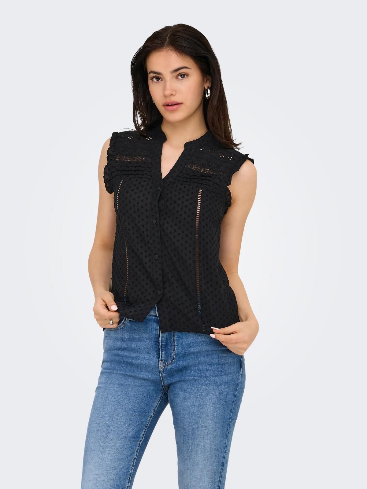 온리 레이스 브이넥 민소매 블라우스 15365866_2161 BLACK / BLACK - 상품 이미지