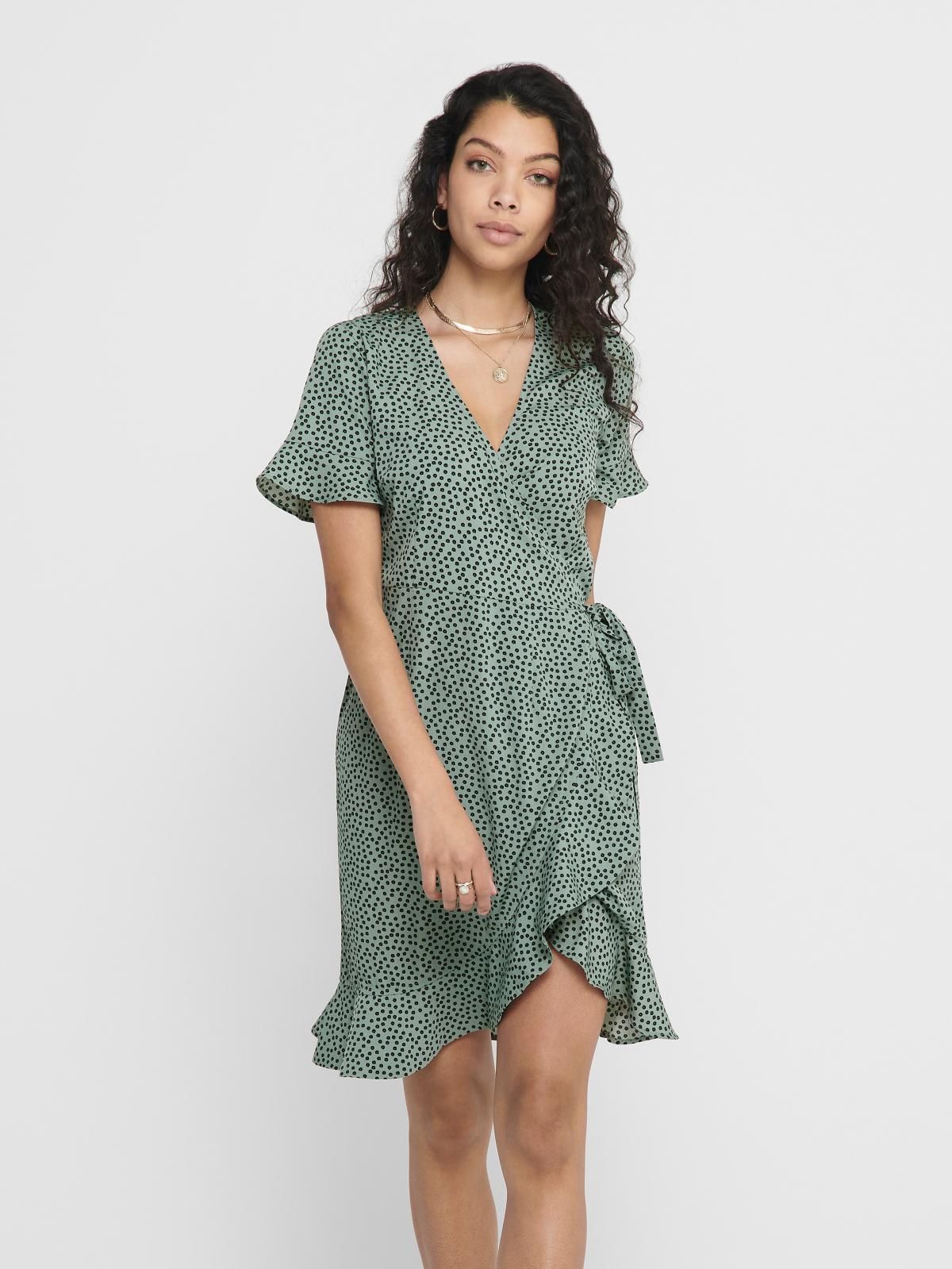 온리 페미닌 프릴 랩 미니 원피스 V넥 15206407_1467_780580 GREY / CHINOIS GREEN - 상품 이미지