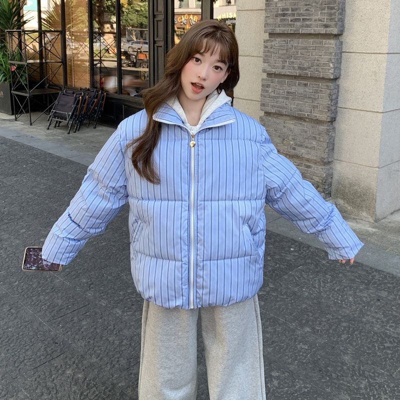 여성 캐주얼 스트라이프 루즈핏 후드 패딩 점퍼 오버핏 레이어드 코디 아우터 가을 겨울 - 상세 이미지 5