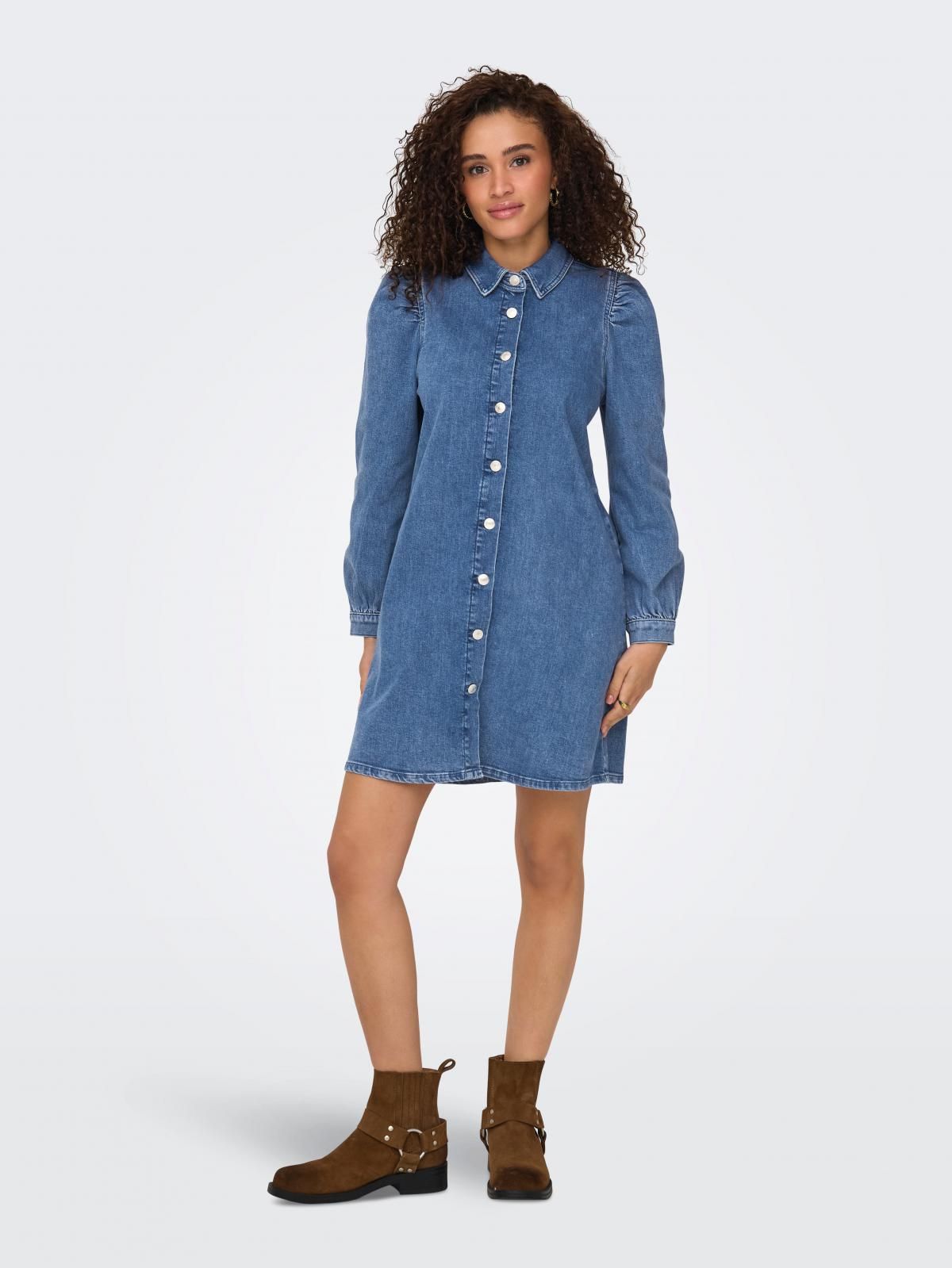 온리 퍼프 슬리브 데님 미니 셔츠 원피스 15345570_2115 BLUE / MEDIUM BLUE DENIM - 상세 이미지 5