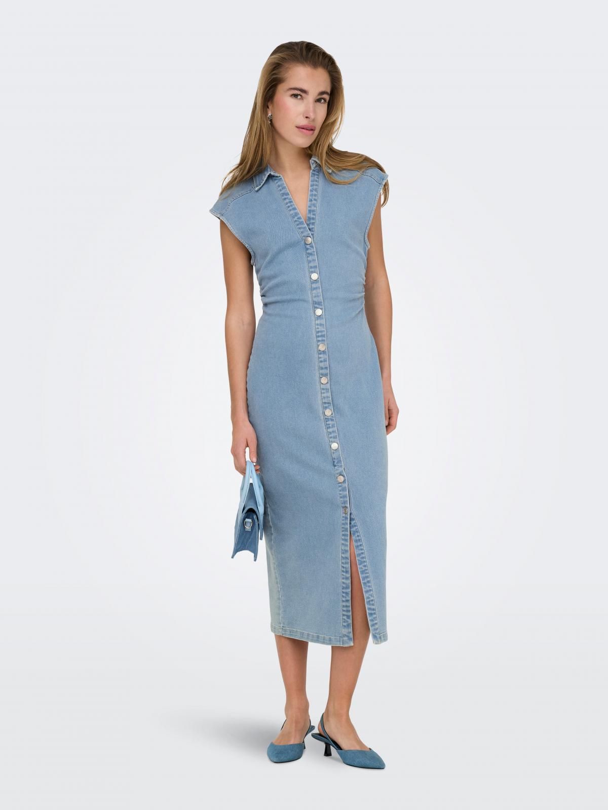 온리 데님 버튼업 브이넥 미디 원피스 15351429_2116 BLUE / LIGHT BLUE DENIM - 상세 이미지 5