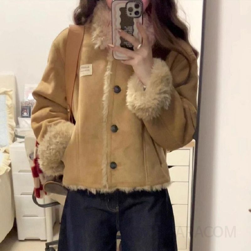 여성 겨울 퍼안감 스웨이드 숏 자켓 양털 무스탕 점퍼 데일리 아우터 캐주얼 루즈핏 코디 따뜻한 보온 - 상세 이미지 3
