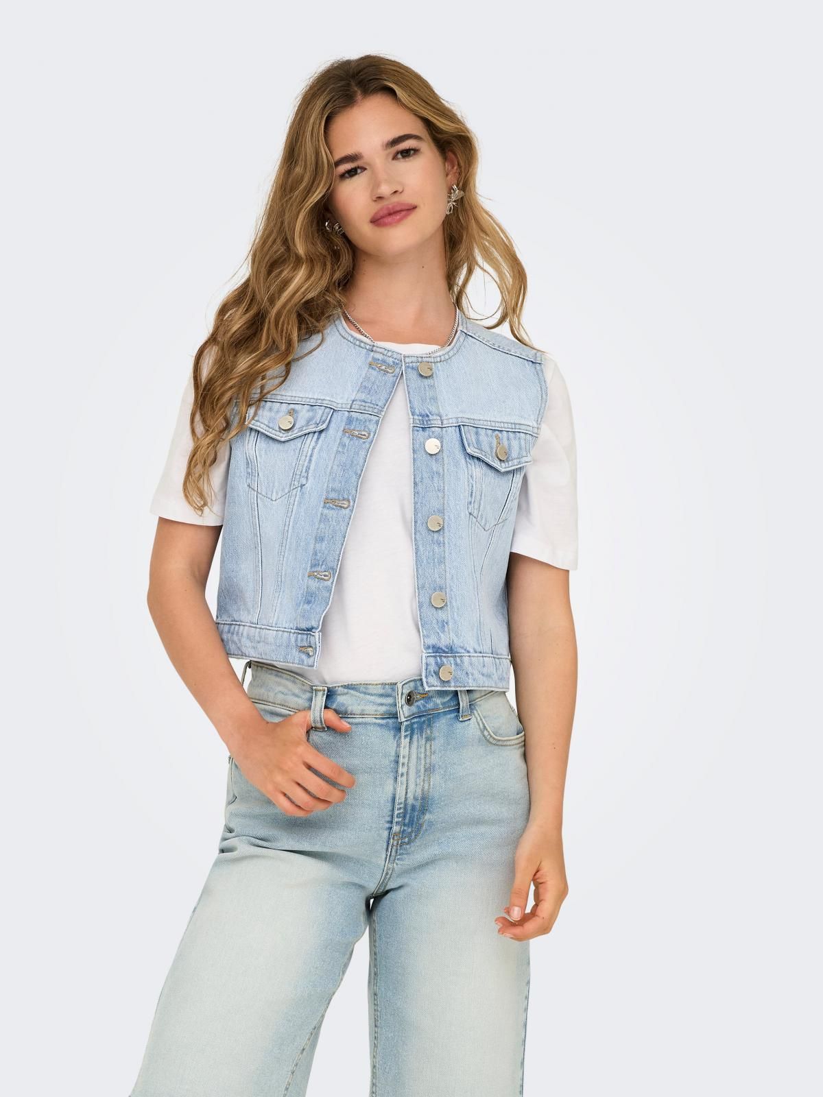 온리 데님 라이트워싱 크롭 베스트 15351937_2116 BLUE / LIGHT BLUE DENIM - 상품 이미지