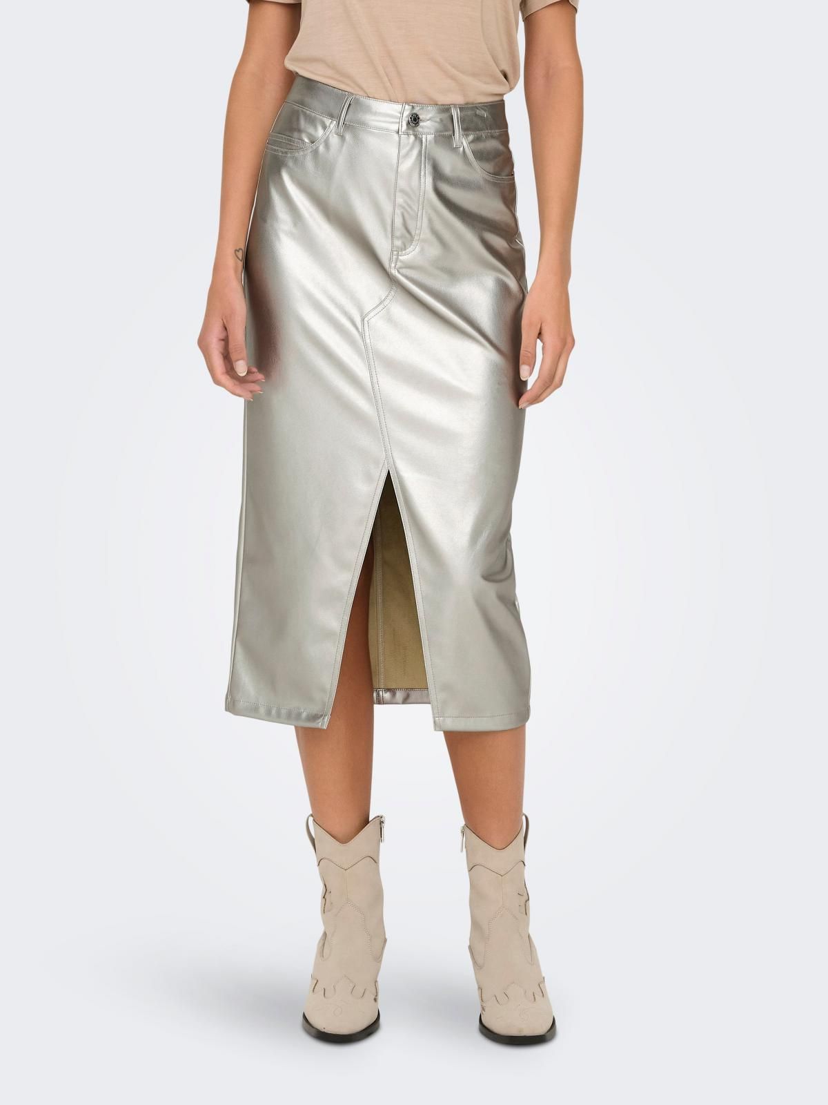 온리 실버 테크니컬 미디 레더 스커트 15328037_387 GREY / SILVER - 메인 이미지