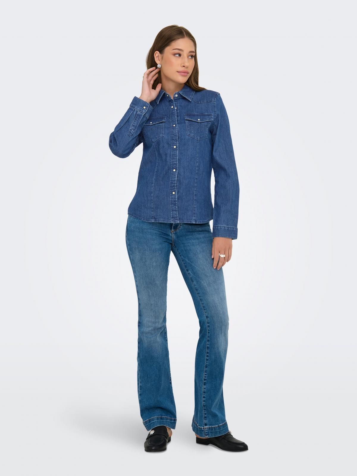 온리 데님 클래식 긴팔 스트레치 셔츠 15352366_2115 BLUE / MEDIUM BLUE DENIM - 상세 이미지 5