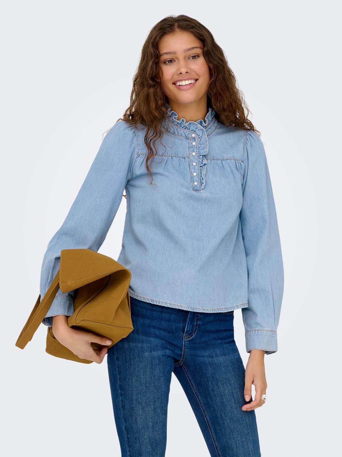 온리 데님 프릴넥 볼륨소매 긴팔셔츠 15360323_2116 BLUE / LIGHT BLUE DENIM - 상품 이미지