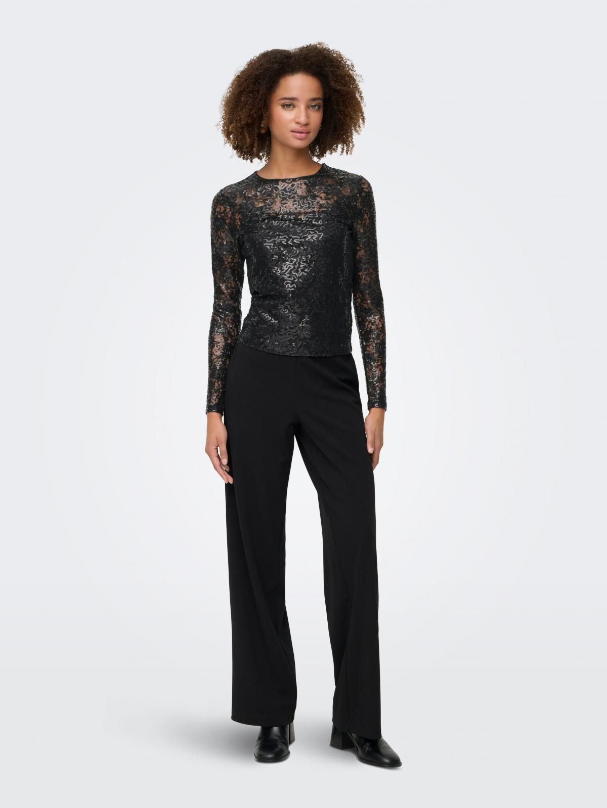 온리 레이스 시스루 라운드넥 긴팔 탑 15358416_2161 BLACK / BLACK - 상세 이미지 5