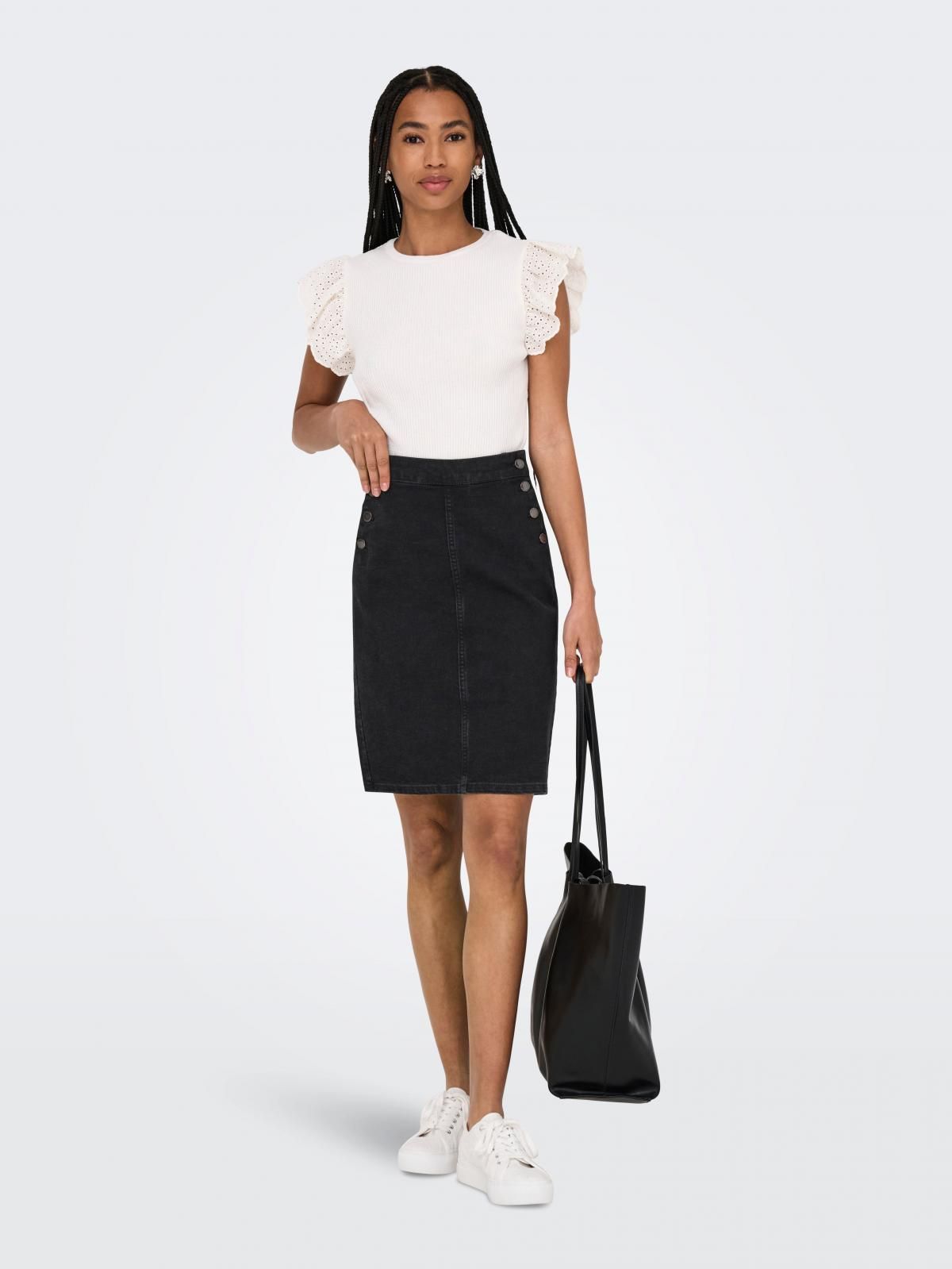 온리 데님 버튼 포인트 미디 스커트 15357946_8183 BLACK / WASHED BLACK - 상세 이미지 5