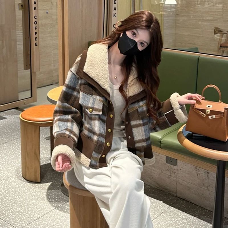 따뜻한 남녀공용 브라운 체크 뽀글이 카라 누빔 패딩 자켓 가을 겨울 캐주얼 아우터 점퍼 - 상세 이미지 4
