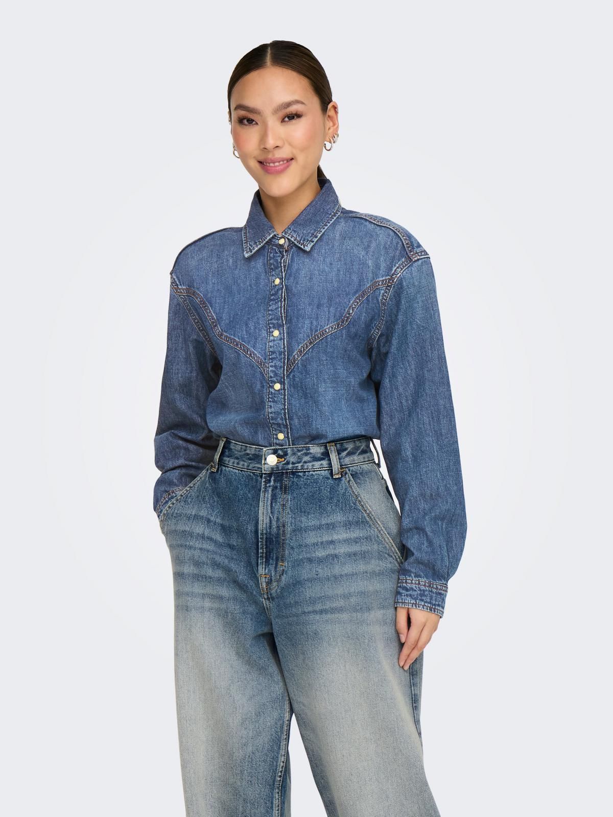 온리 데님 루즈핏 긴팔 셔츠 15353178_2115 BLUE / MEDIUM BLUE DENIM - 상품 이미지