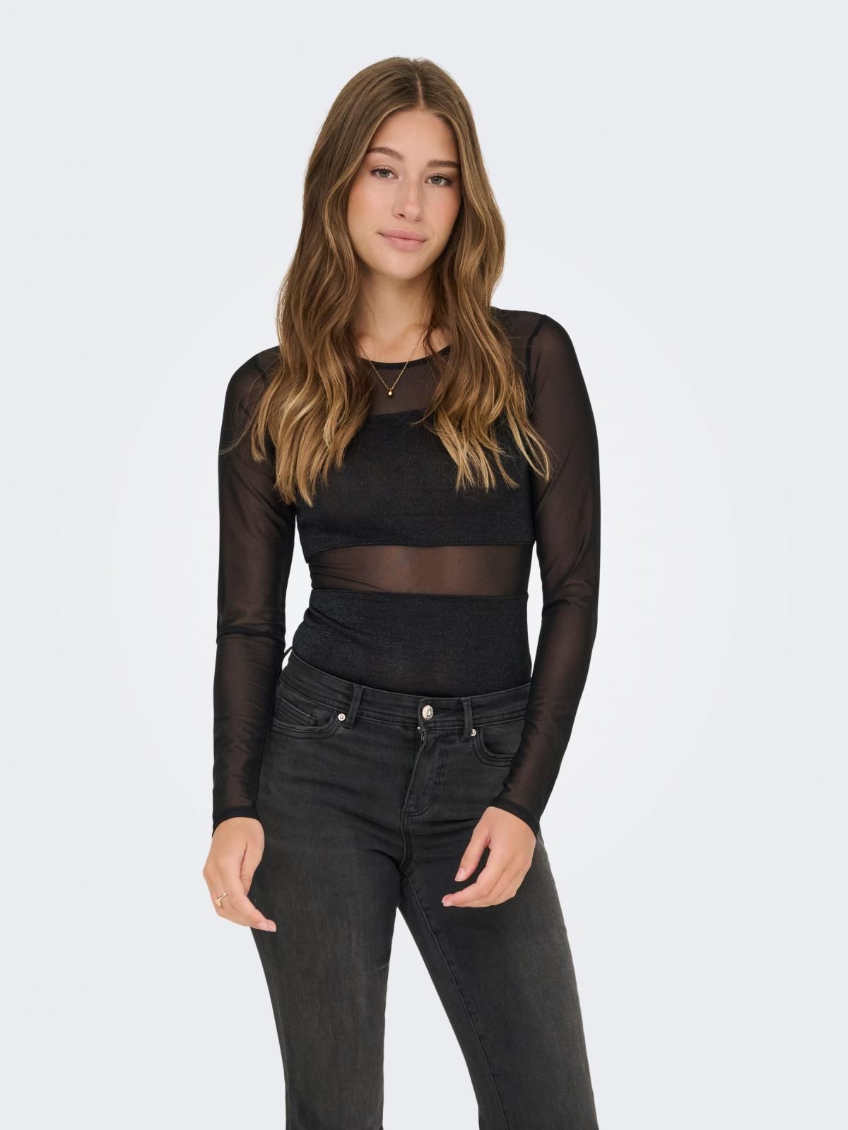 온리 시스루 메쉬 라운드넥 긴팔 바디수트 15344709_2161 BLACK / BLACK - 상세 이미지 2