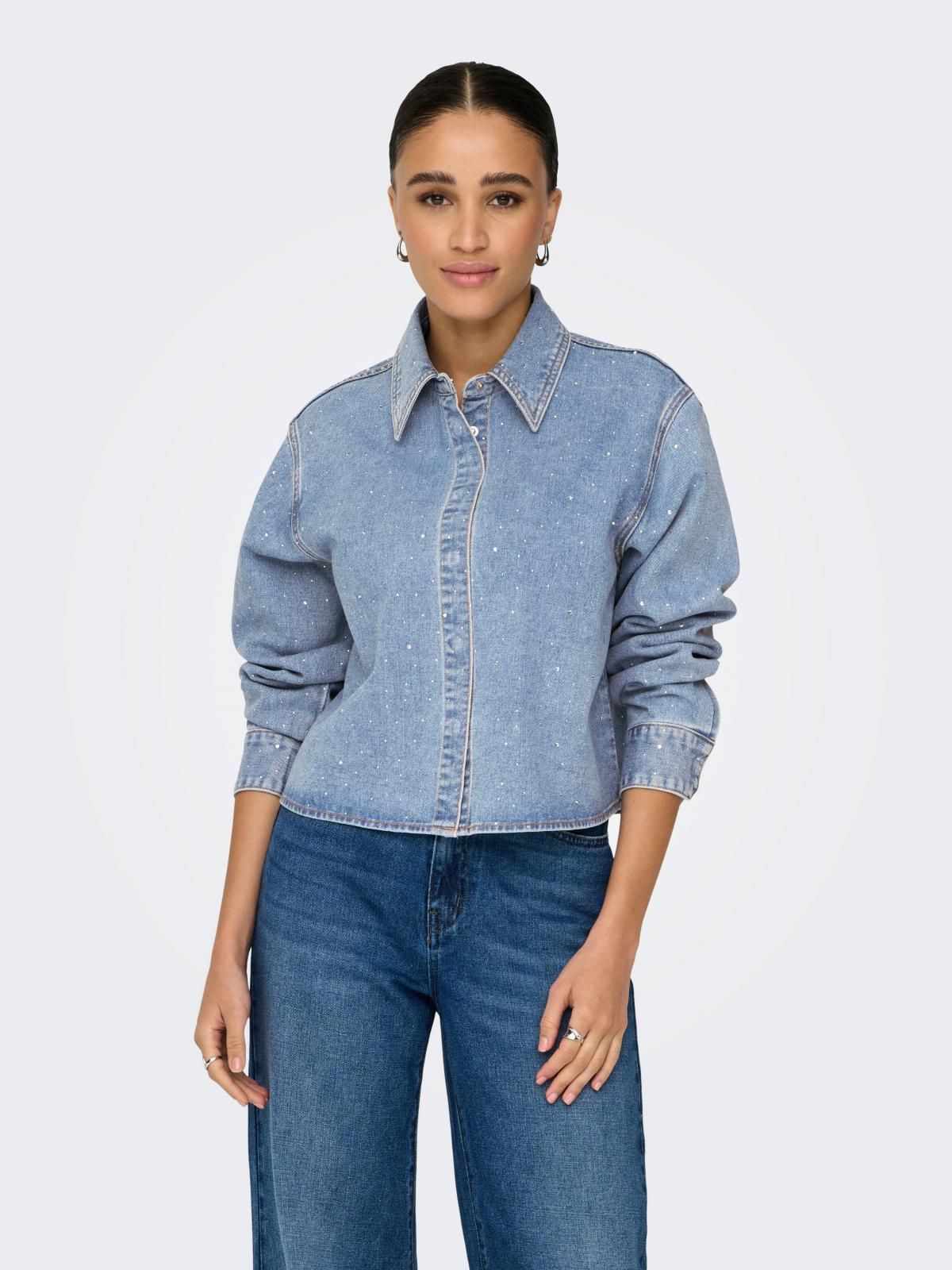 온리 트렌디 크롭 데님 셔츠 15352423_2116 BLUE / LIGHT BLUE DENIM - 상품 이미지