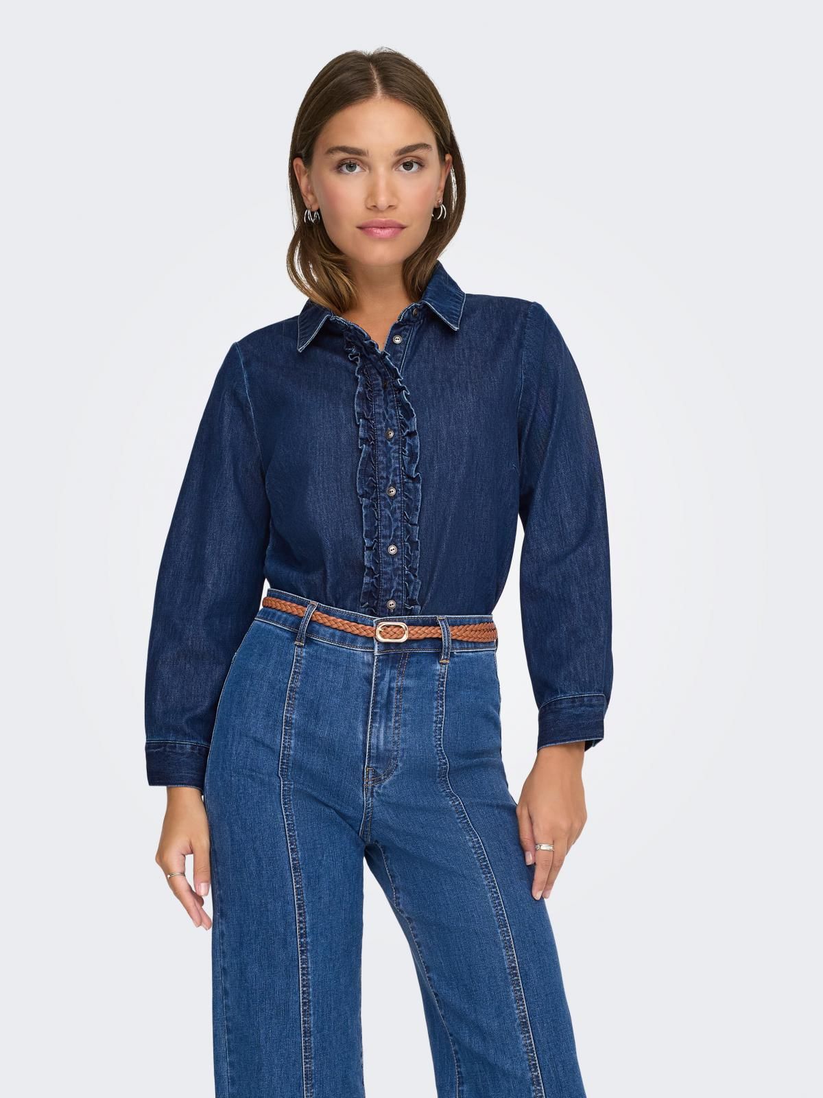 온리 프릴 테크니컬 데님 긴팔 셔츠 15360310_2114 BLUE / DARK BLUE DENIM - 상품 이미지