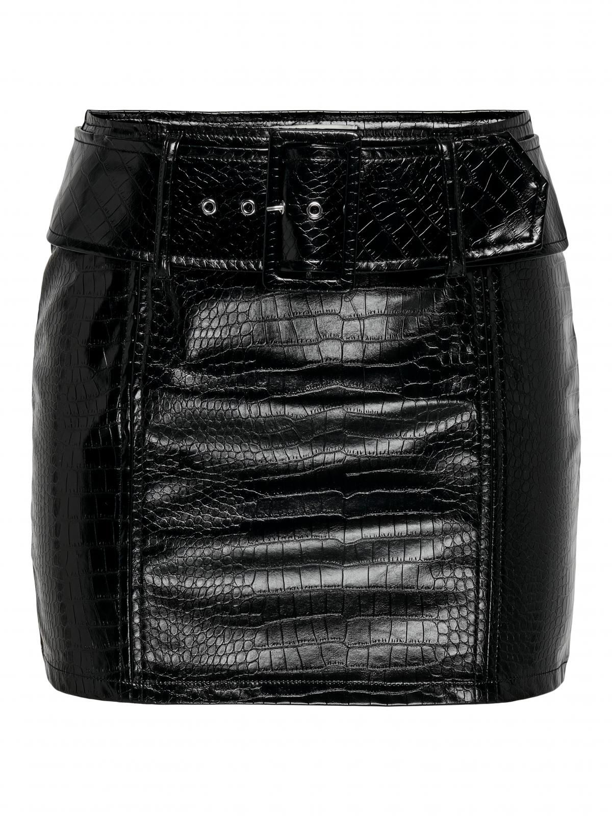 온리 페이크 레더 벨티드 미니 스커트 15334323_2161 BLACK / BLACK - 상세 이미지 3