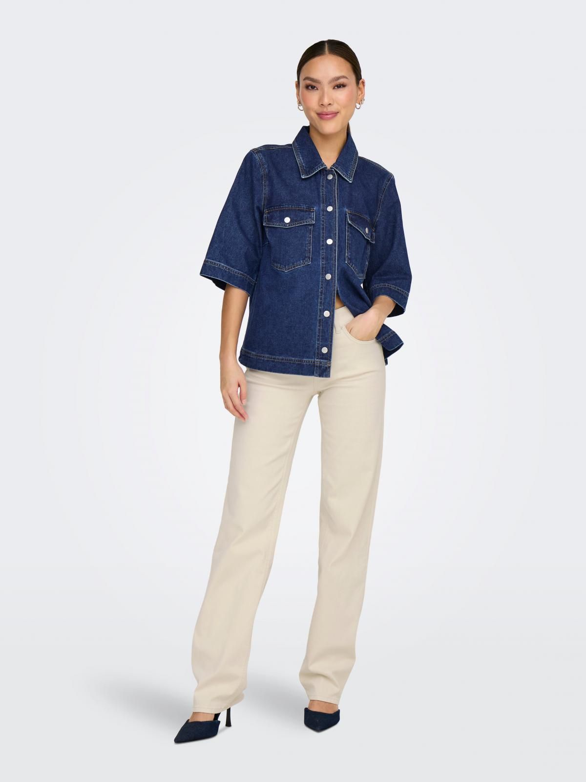 온리 오버핏 데님 반팔 셔츠 15347084_2114 BLUE / DARK BLUE DENIM - 상세 이미지 5