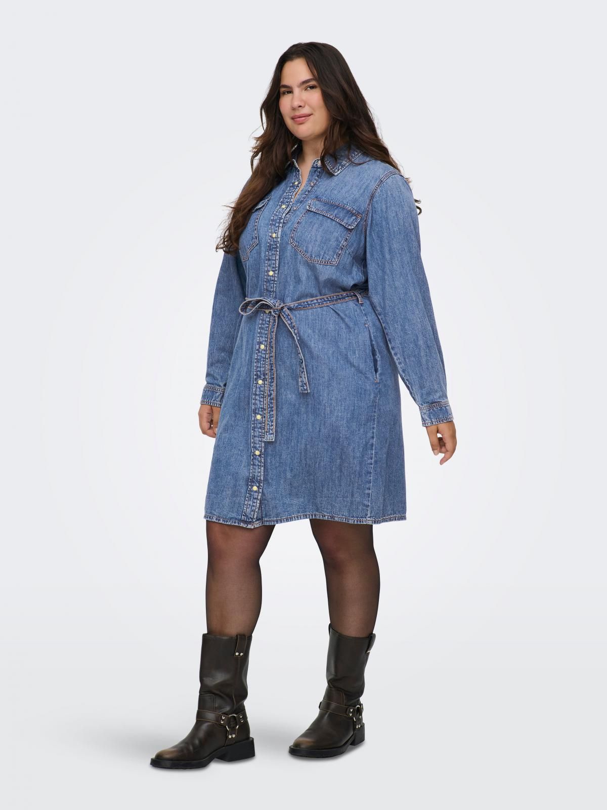 온리 트렌디 데님 브이넥 벨트 미니 원피스 15328541_2115 BLUE / MEDIUM BLUE DENIM - 상세 이미지 2