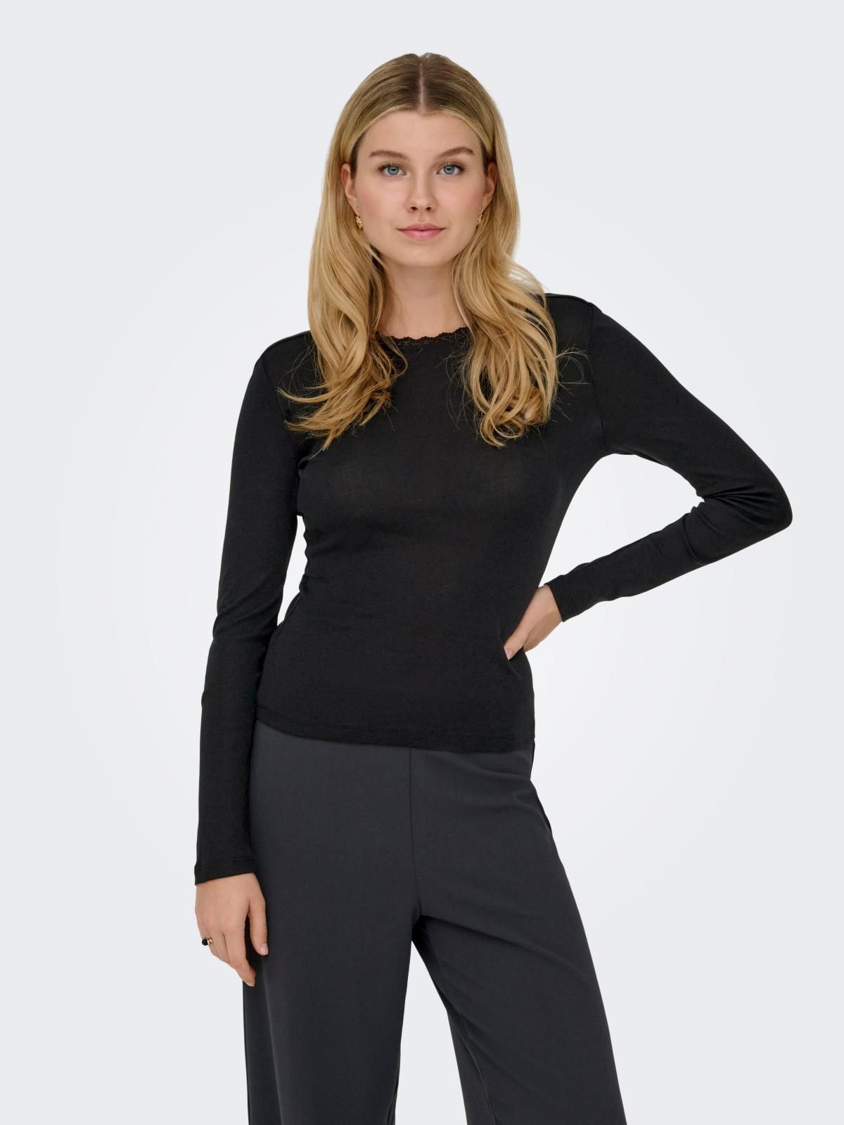 온리 베이직 코튼 라운드넥 긴팔 티셔츠 15359724_2161 BLACK / BLACK - 상품 이미지