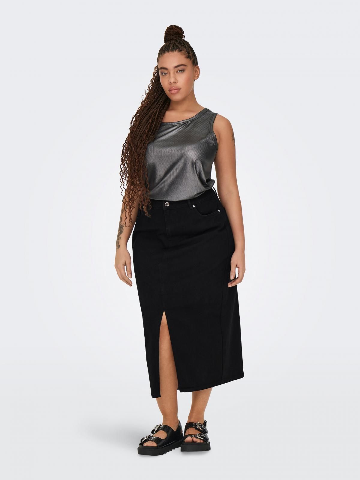 온리 빅사이즈 코튼 슬릿 미디 스커트 15324767_2103 BLACK / BLACK DENIM - 상세 이미지 5