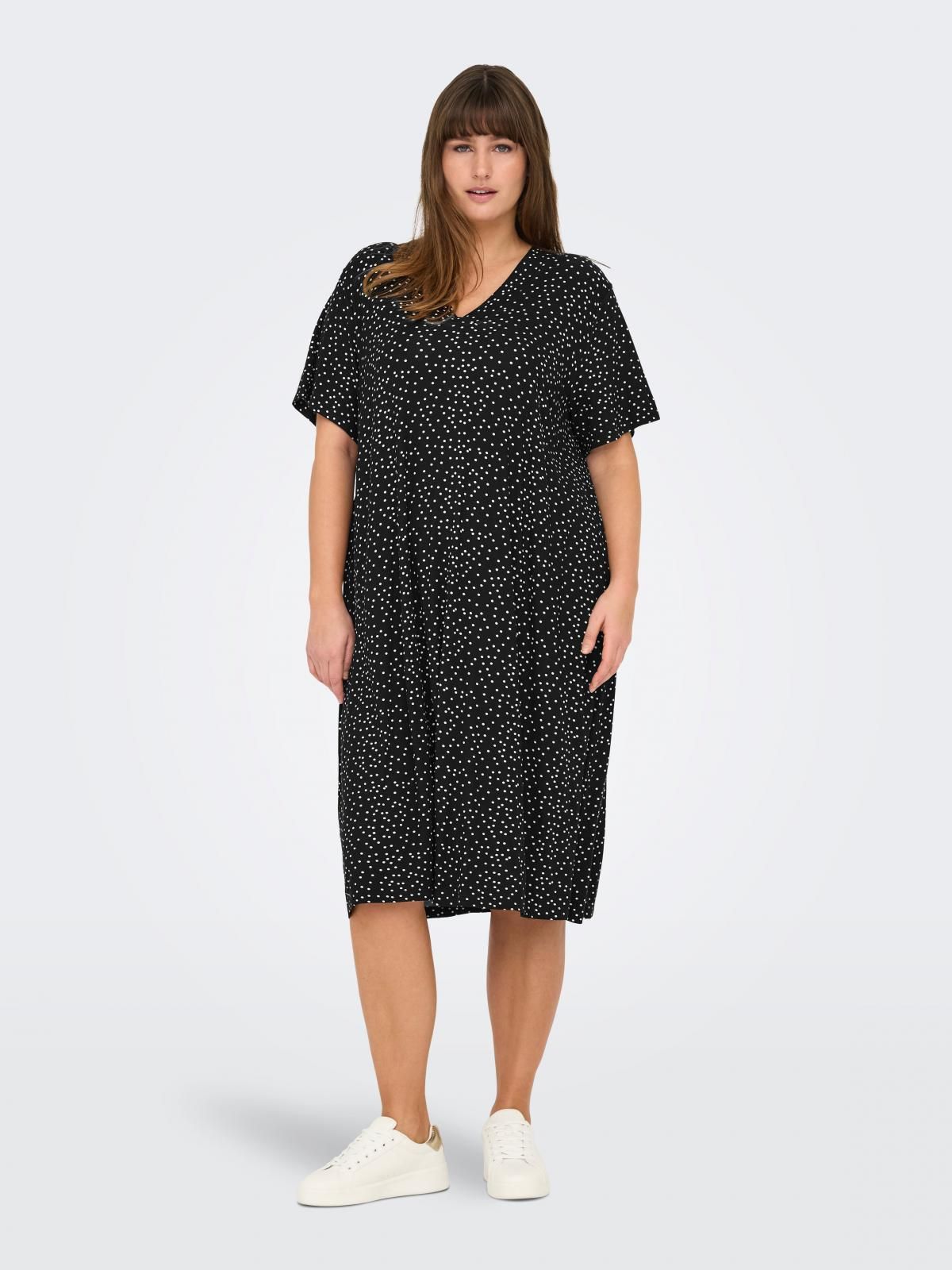 온리 빅사이즈 도트 패턴 브이넥 미디 원피스 15295477_2161_1178996 BLACK / BLACK - 메인 이미지