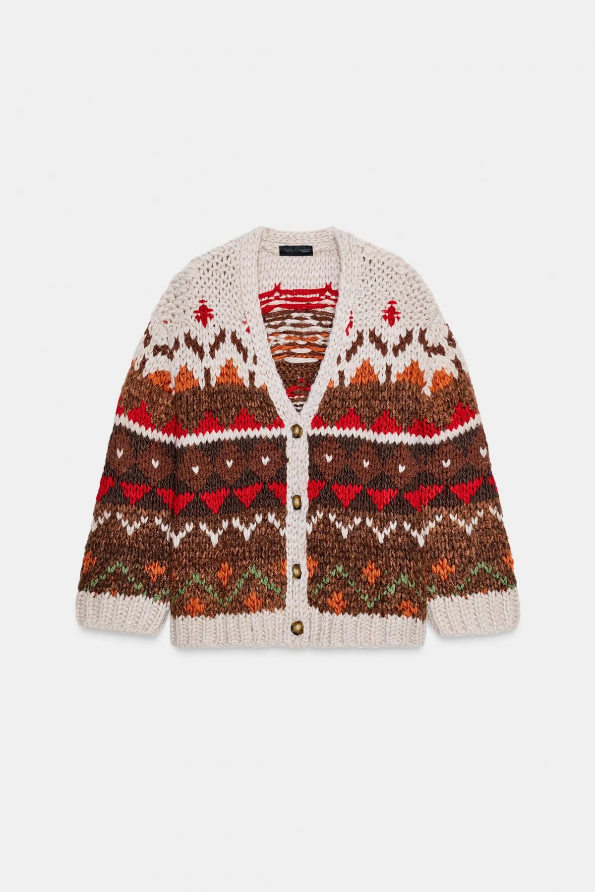 자라 페어아일 패턴 브이넥 니트 가디건 0021/106 BEIGE-BROWN - 메인 이미지