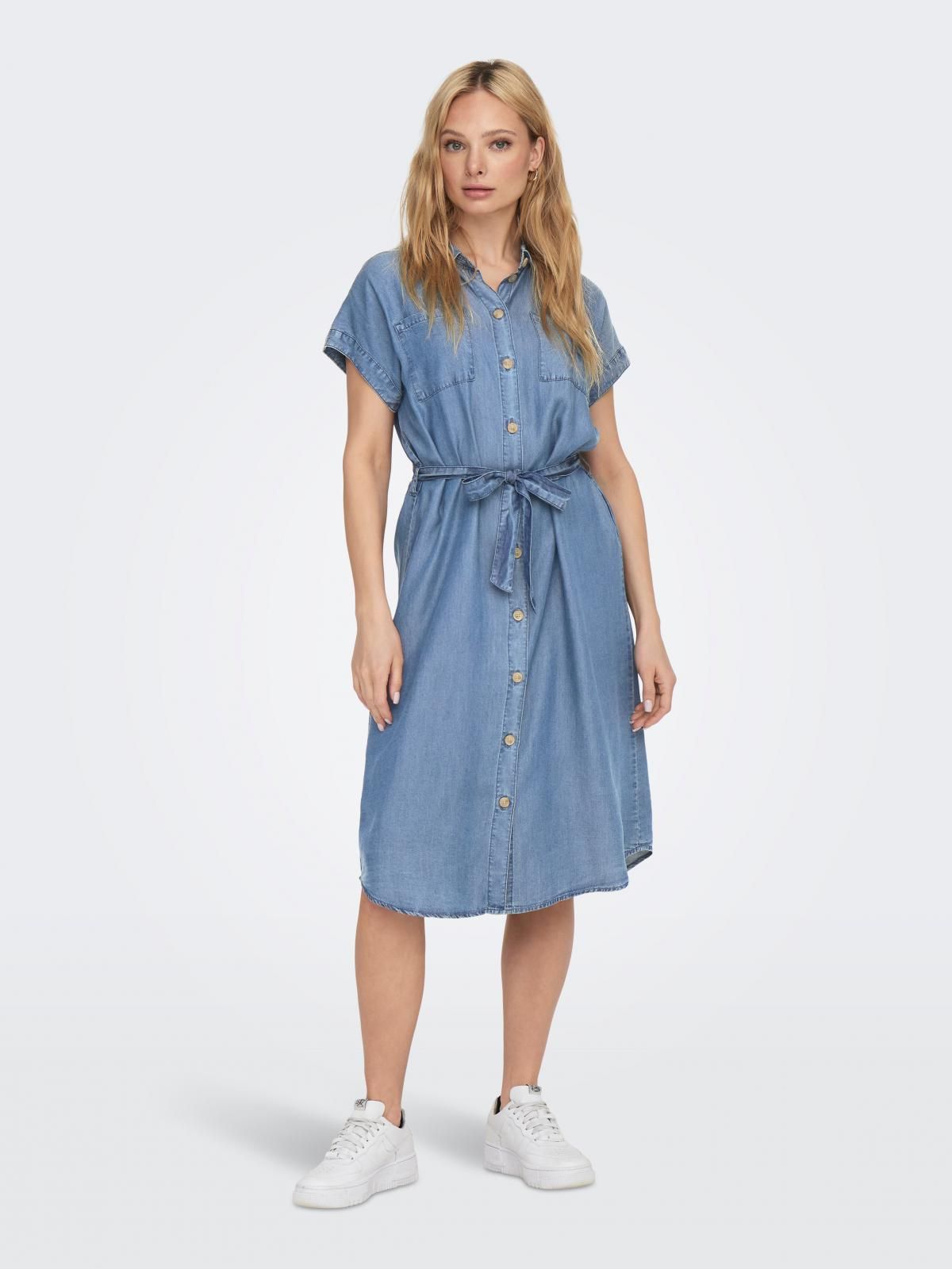 온리 데님 벨티드 미디 원피스 반팔 버튼업 15250429_2115 BLUE / MEDIUM BLUE DENIM - 메인 이미지