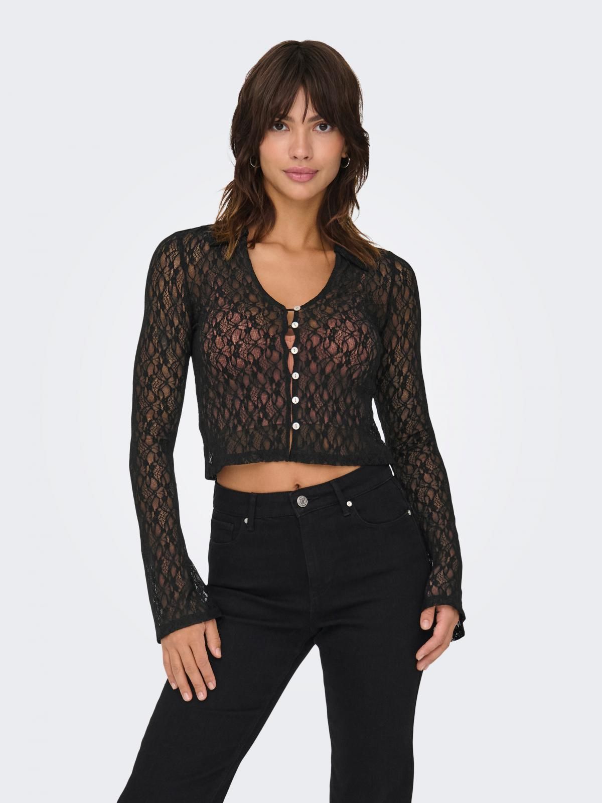온리 시스루 레이스 크롭 브이넥 긴팔 탑 15340536_2161 BLACK / BLACK - 상품 이미지