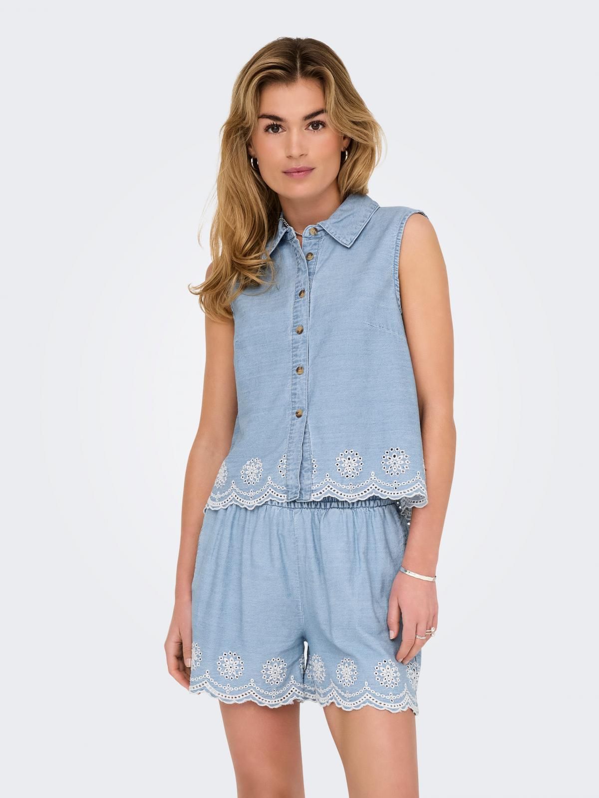 온리 데님 민소매 셔츠 레이스헴 15348191_2116 BLUE / LIGHT BLUE DENIM - 상세 이미지 2