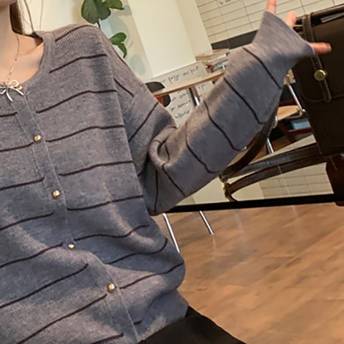 (YY) 세련된 단가라 여성 니트 가디건 베이직 라운드넥 스트라이프 데일리룩 캐주얼 러블리 아우터 - 상품 이미지