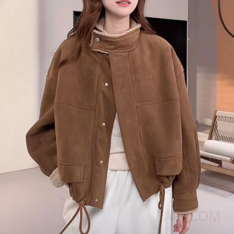 여성 덤블 퍼 카라 무스탕 스웨이드 항공 점퍼 루즈핏 도톰한 겨울 양털 안감 자켓 데일리 아우터 가을 - 상세 이미지 5