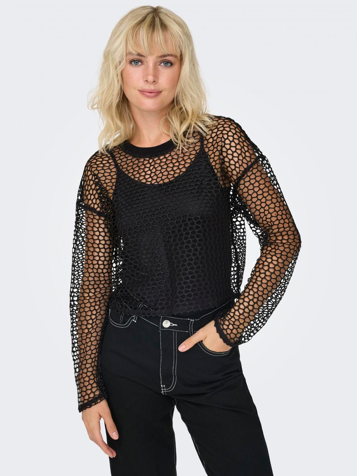 온리 글리터 크롭 시스루 롱슬리브 탑 15333607_2161_1161355 BLACK / BLACK 이미지 6