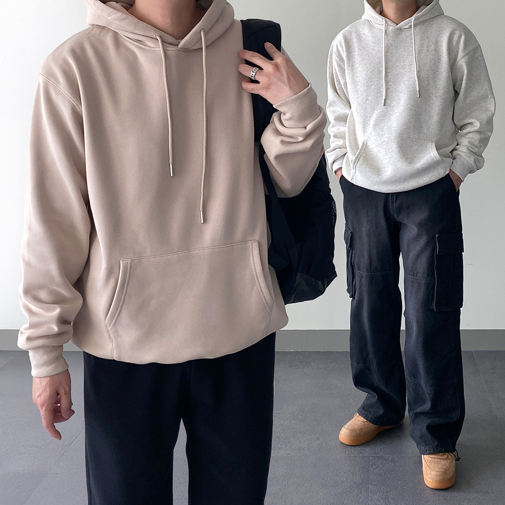 남자 기모 맨투맨 긴팔 티셔츠 오버핏 겨울후드티 커플 무지 융털 티셔츠 - 상세 이미지 2