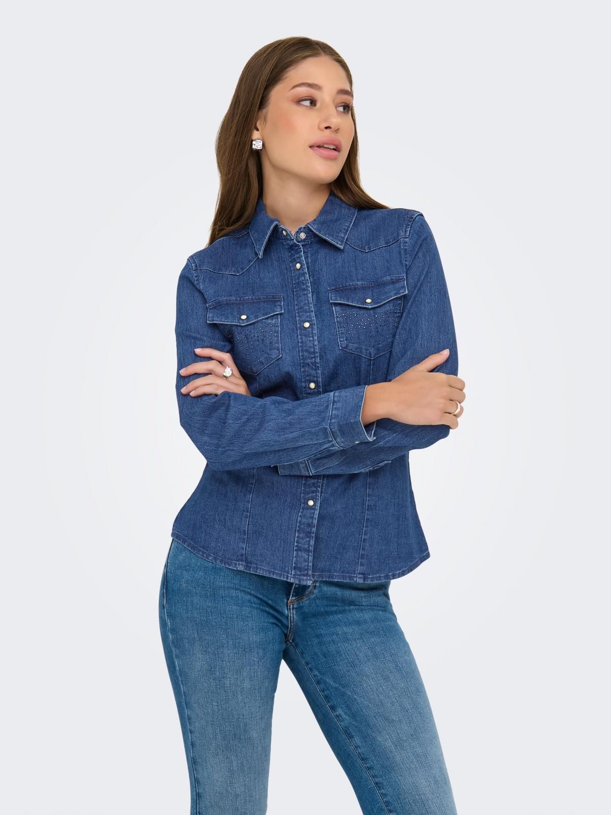온리 데님 클래식 긴팔 스트레치 셔츠 15352366_2115 BLUE / MEDIUM BLUE DENIM - 상품 이미지