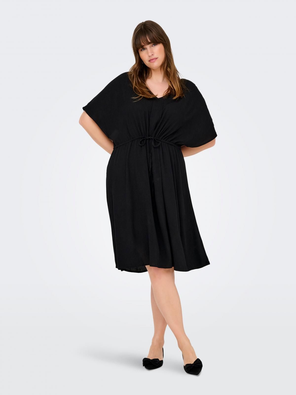 온리 빅사이즈 브이넥 드로스트링 미니 원피스 15349312_2161 BLACK / BLACK - 상세 이미지 5