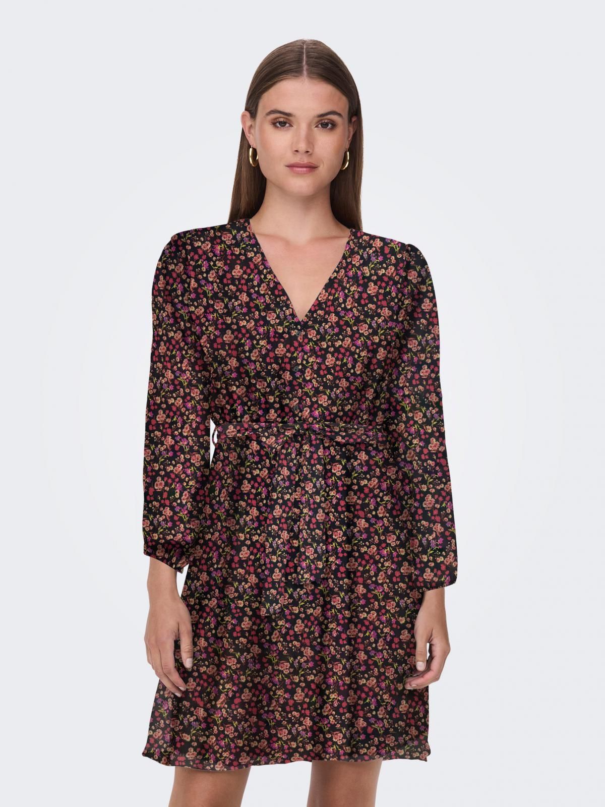 온리 플라워 브이넥 벨티드 미니 원피스 15236376_2161_1218990 BLACK / BLACK - 상품 이미지