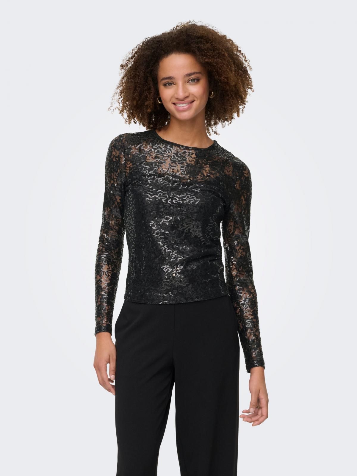 온리 레이스 시스루 라운드넥 긴팔 탑 15358416_2161 BLACK / BLACK - 상품 이미지