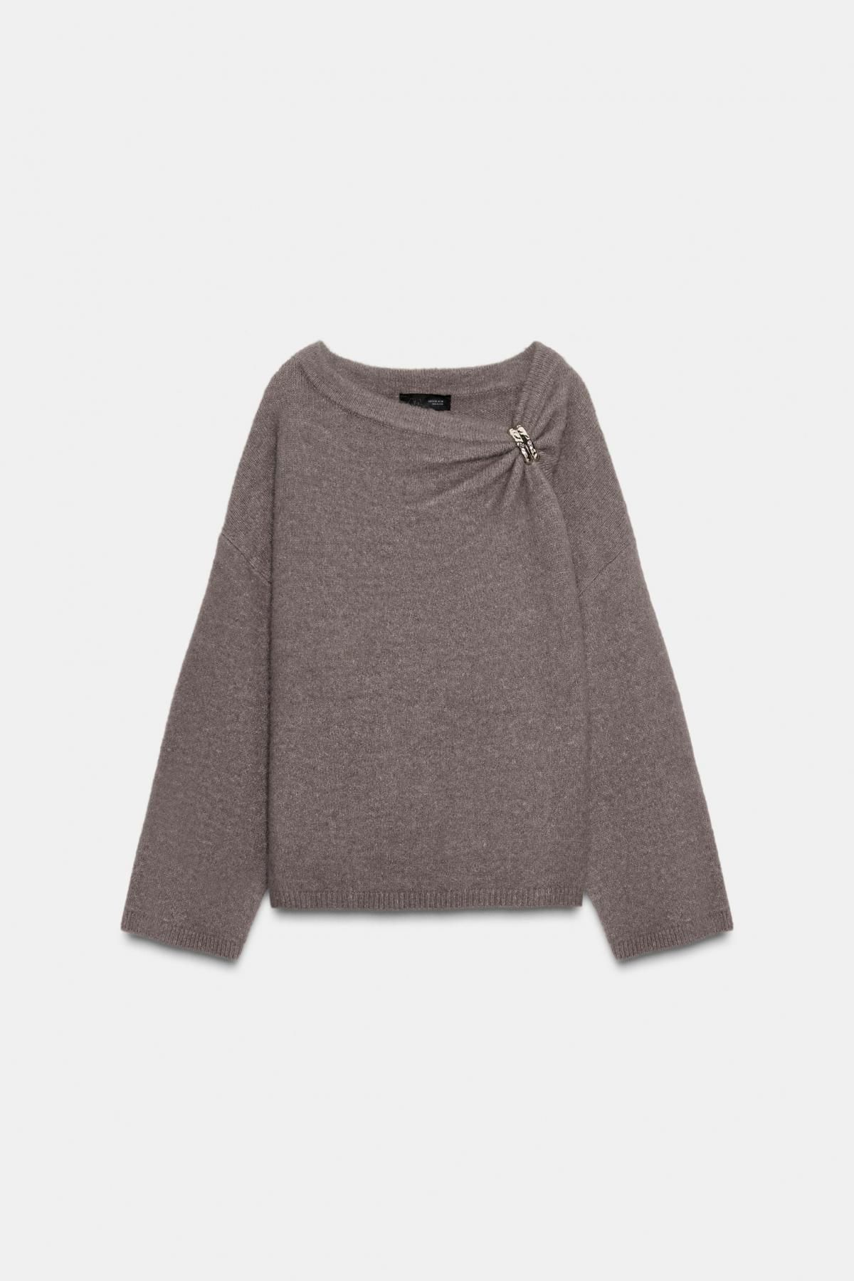 자라 드레이프넥 브로치 브라운 니트 스웨터 5536/259 BROWN / TAUPE - 상품 이미지
