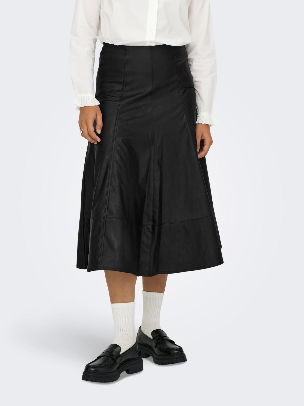 온리 플레어 레더 미디 스커트 15350401_2161_1225379 BLACK / BLACK - 상품 이미지