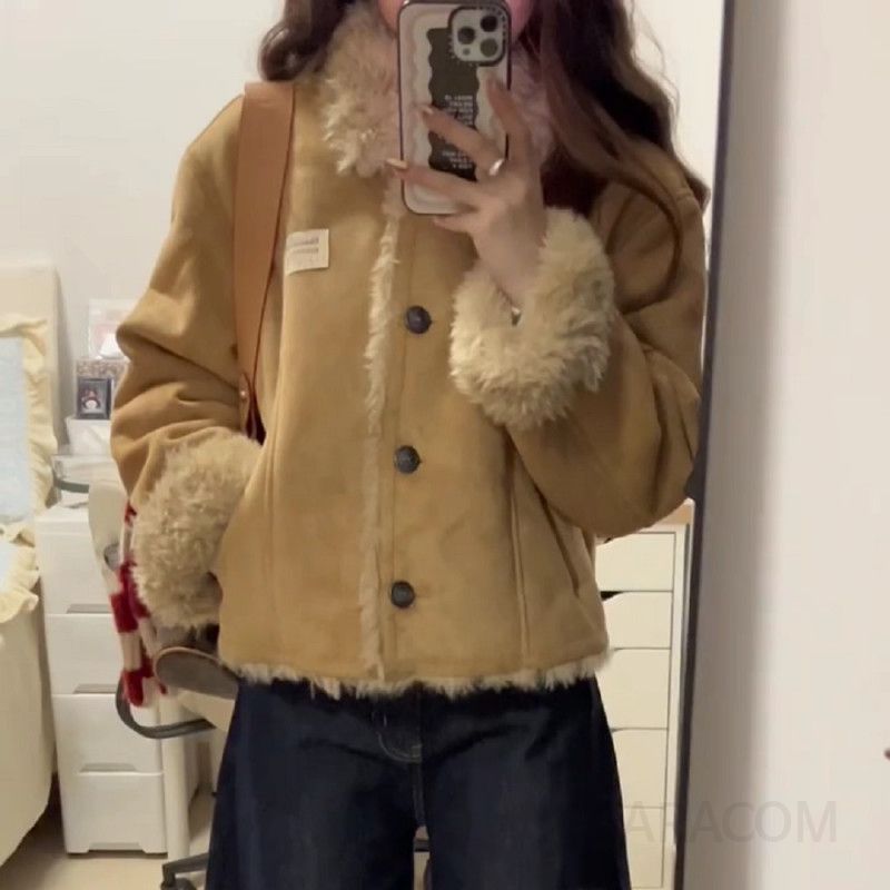 여성 겨울 퍼안감 스웨이드 숏 자켓 양털 무스탕 점퍼 데일리 아우터 캐주얼 루즈핏 코디 따뜻한 보온 - 상세 이미지 4