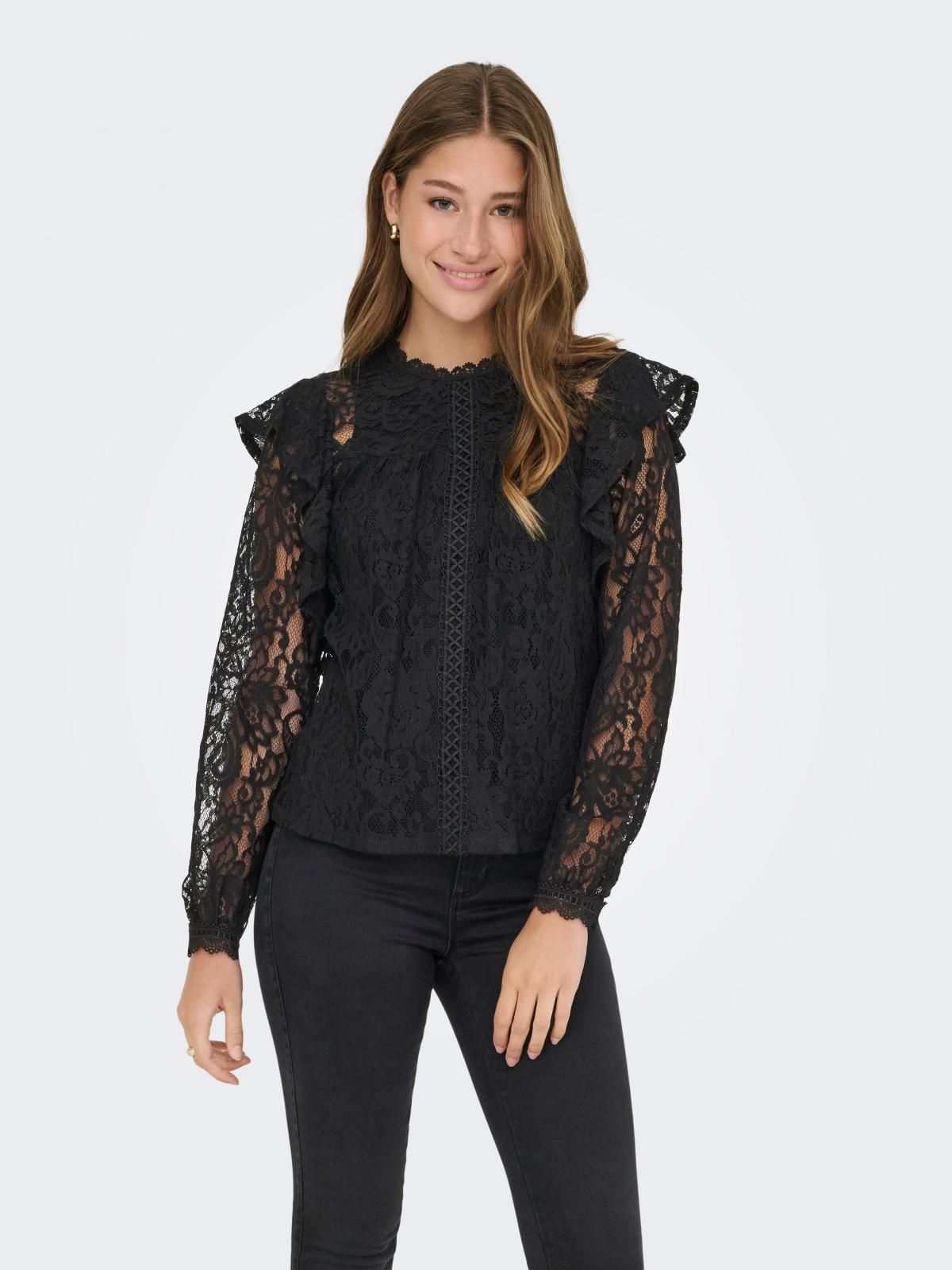 온리 레이스 러플 라운드넥 블라우스 블랙 15355460_2161 BLACK / BLACK - 상품 이미지