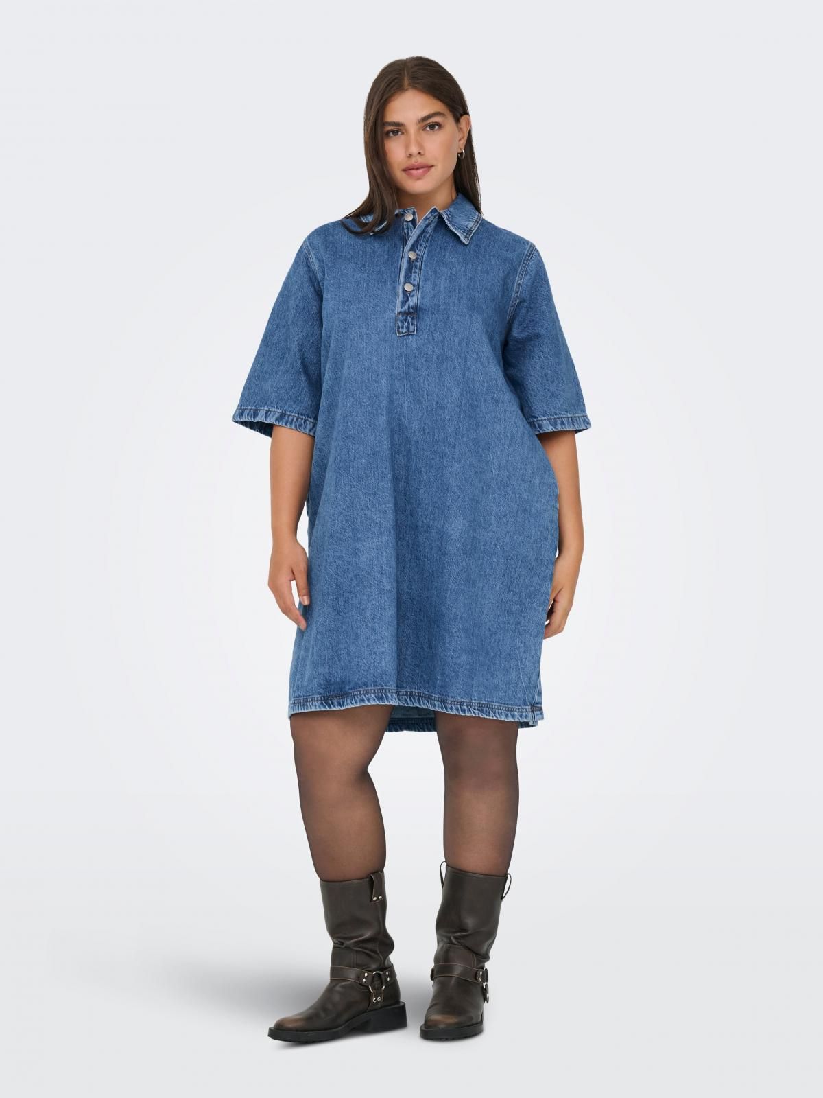 온리 빅사이즈 데님 반팔 셔츠 미니 원피스 15354920_2115 BLUE / MEDIUM BLUE DENIM - 상세 이미지 5