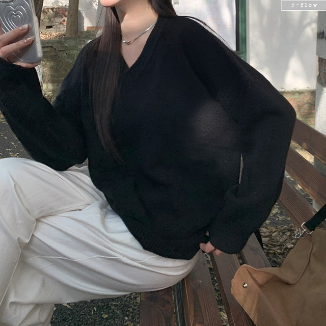 카보 브이넥 오버핏 하프 울 니트 3col 겨울 봄 루즈핏 롱 부드러운 데일리 제이플로우 - 상세 이미지 3