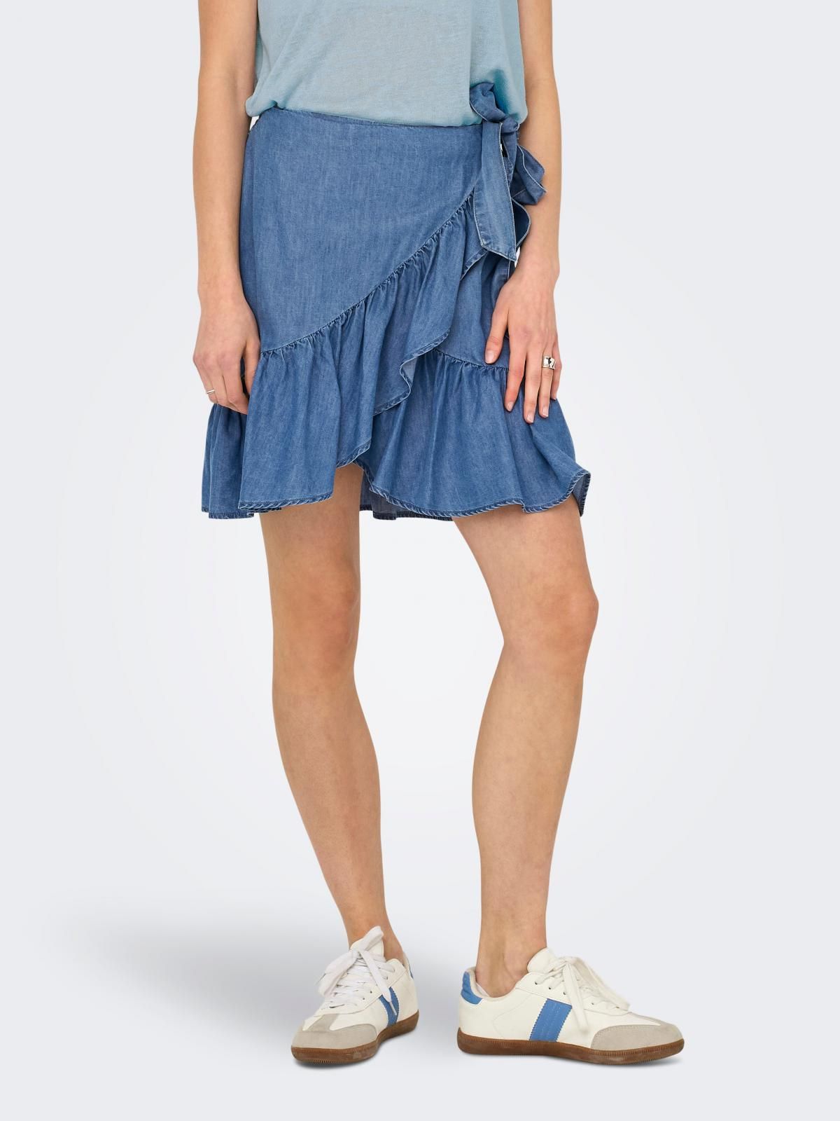 온리 러플 리본 데님 랩 미니 스커트 15344286_2115 BLUE / MEDIUM BLUE DENIM - 상품 이미지