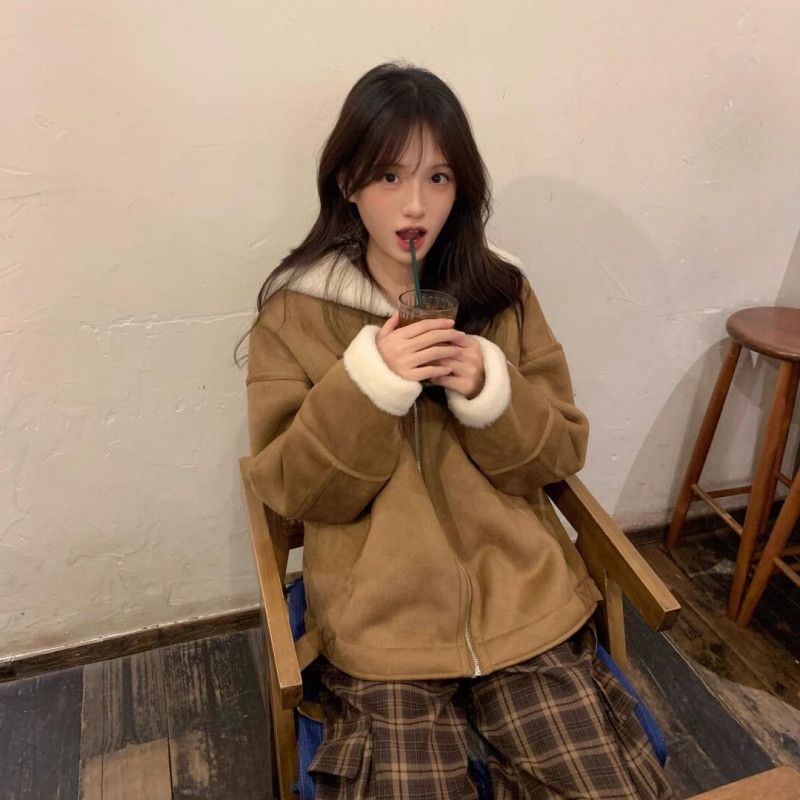 여성 루즈핏 오버핏 카라 덤블 퍼안감 인조 스웨이드 무스탕 자켓 점퍼 데일리 겨울 아우터 코디룩 - 상세 이미지 2