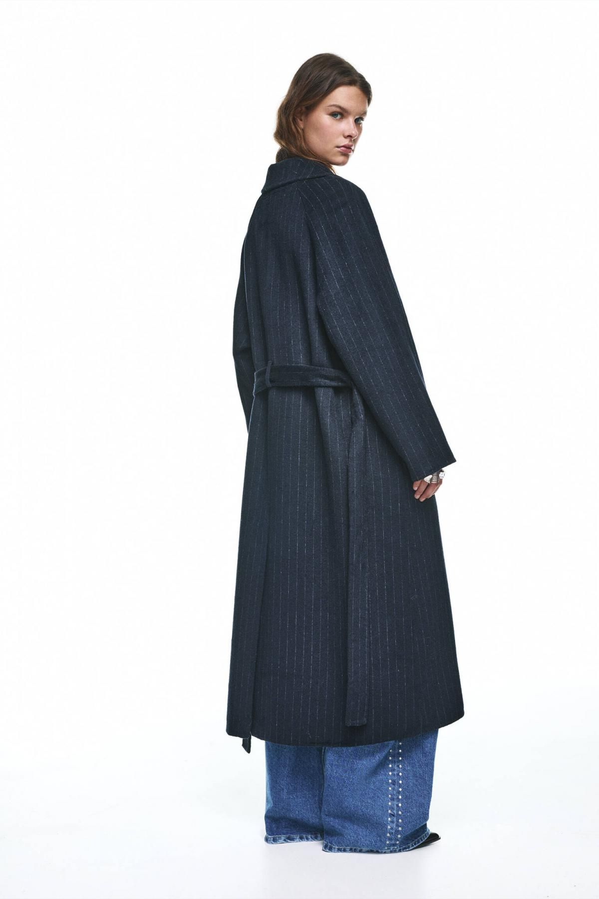 풀앤베어 오버핏 핀스트라이프 벨트 롱코트 7800/365 NAVY - 상세 이미지 3