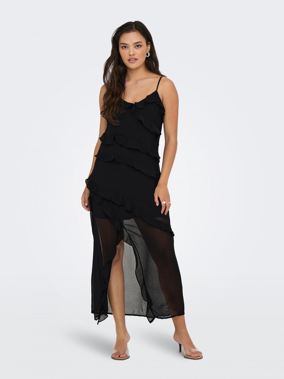 온리 프릴 슬리브리스 롱 원피스 15358168_2161 BLACK / BLACK - 상세 이미지 5