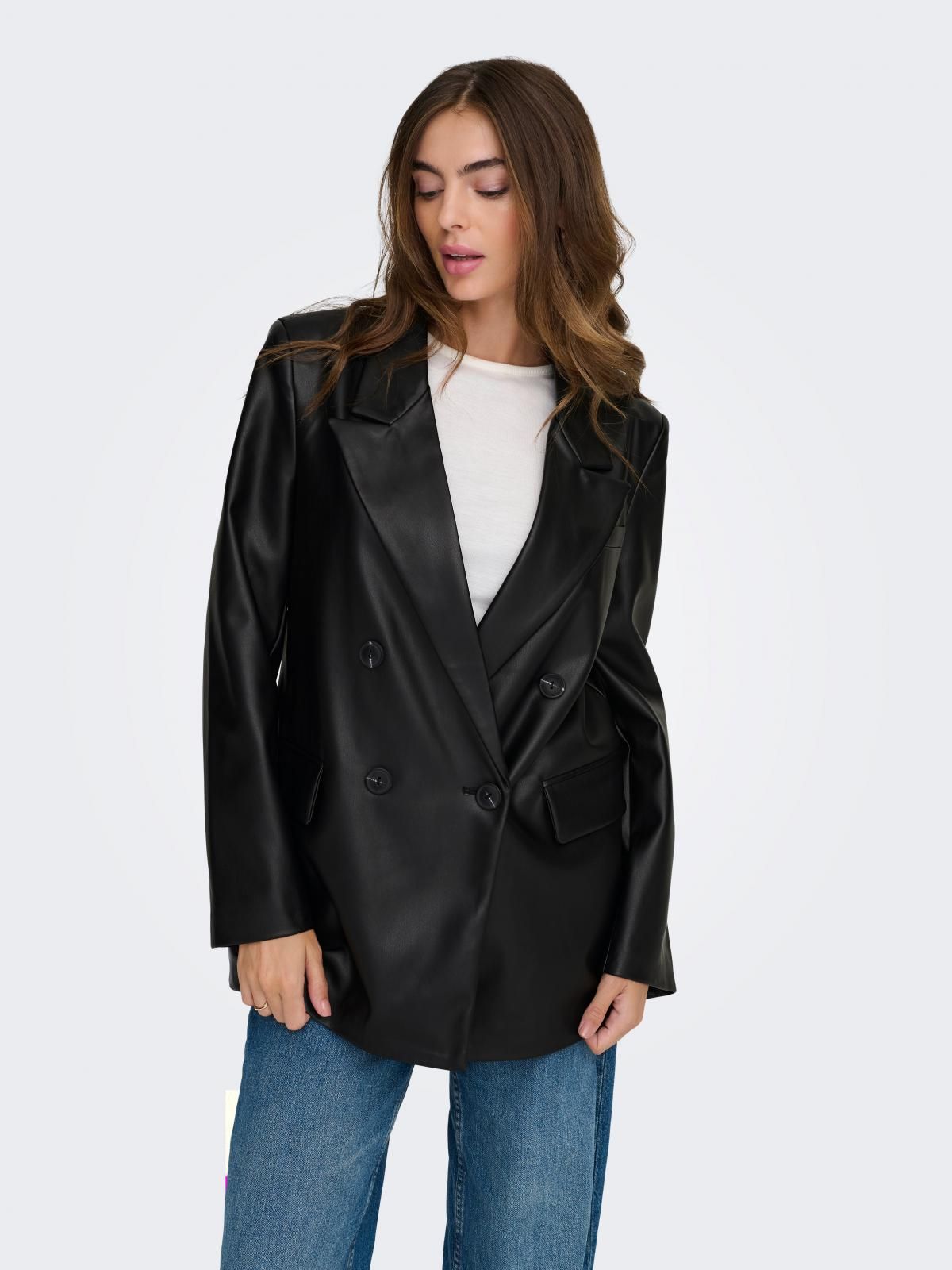 온리 페이크레더 더블브레스트 블랙 블레이저 15348943_2161 BLACK / BLACK - 상품 이미지