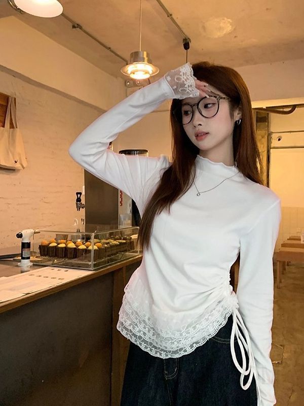 여성 레이스 프릴 반목넥 셔링 슬림핏 긴팔 티셔츠 데일리 베이직 이너 블라우스 코디 봄 가을 - 상세 이미지 2